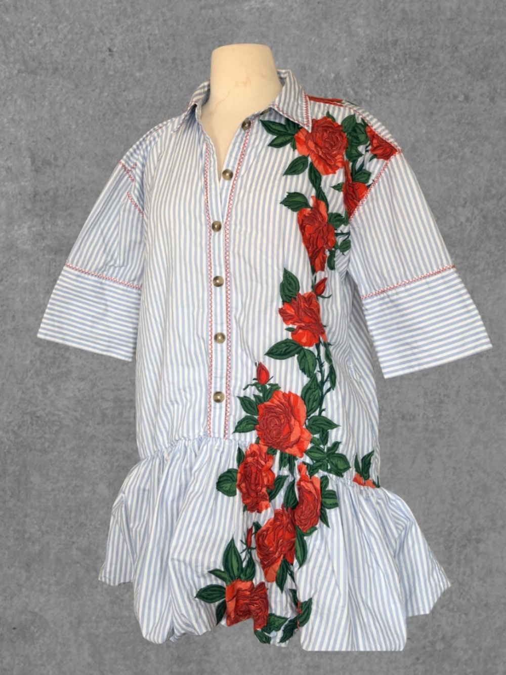 Anthropologie Maeve Embroidered Shirt Dress | Blue Stripe Floral Midi | Size S